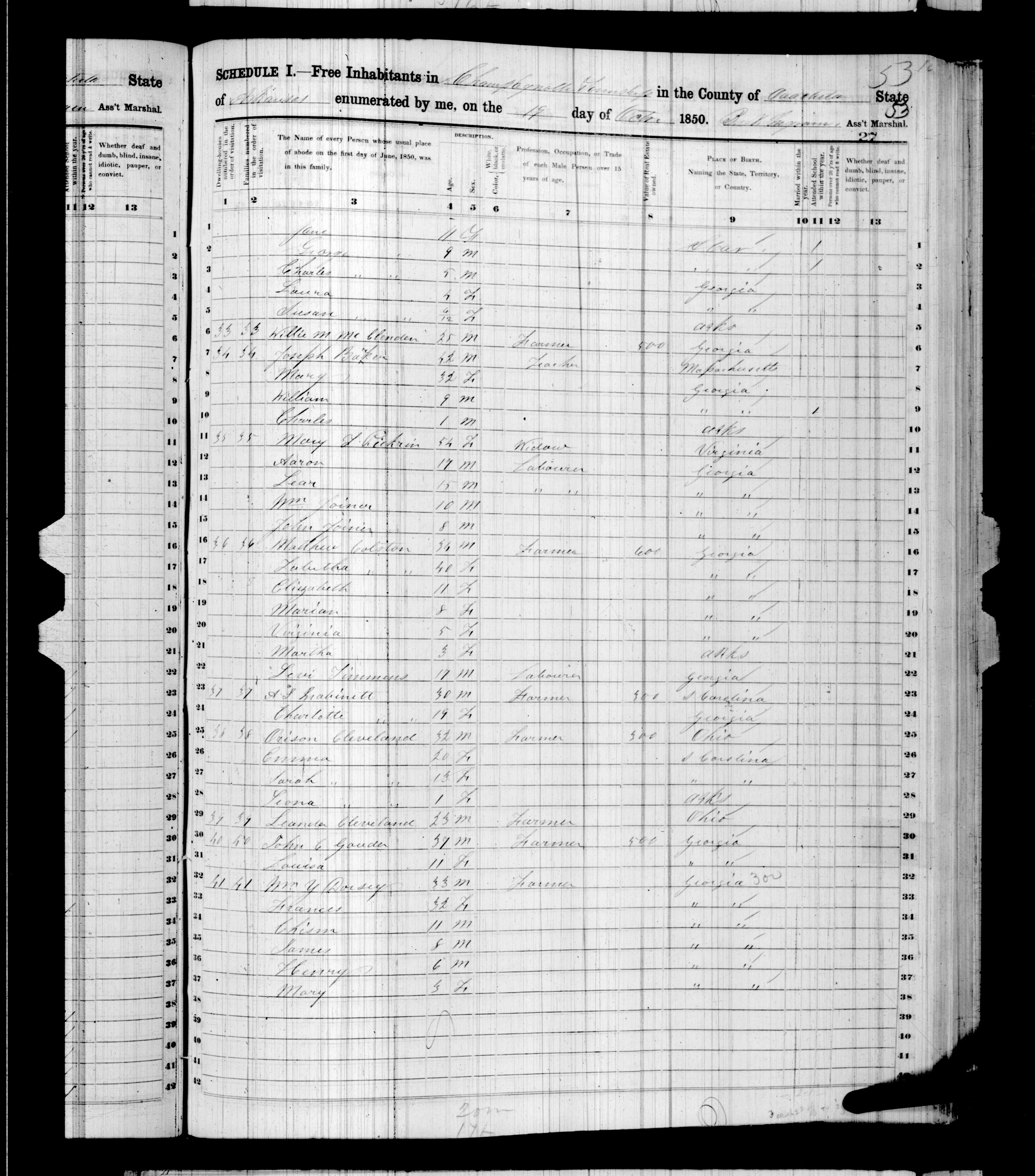 Image n449, lines 32–37: Wm. Y., Frances, Chism, James, Henry and Mary at household 41. No relationships are stated; Mary’s age remains uncertain.