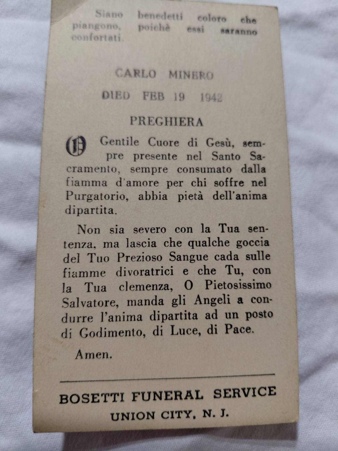 Original family photograph: Carlo Minero’s memorial card. February 19, 1942.