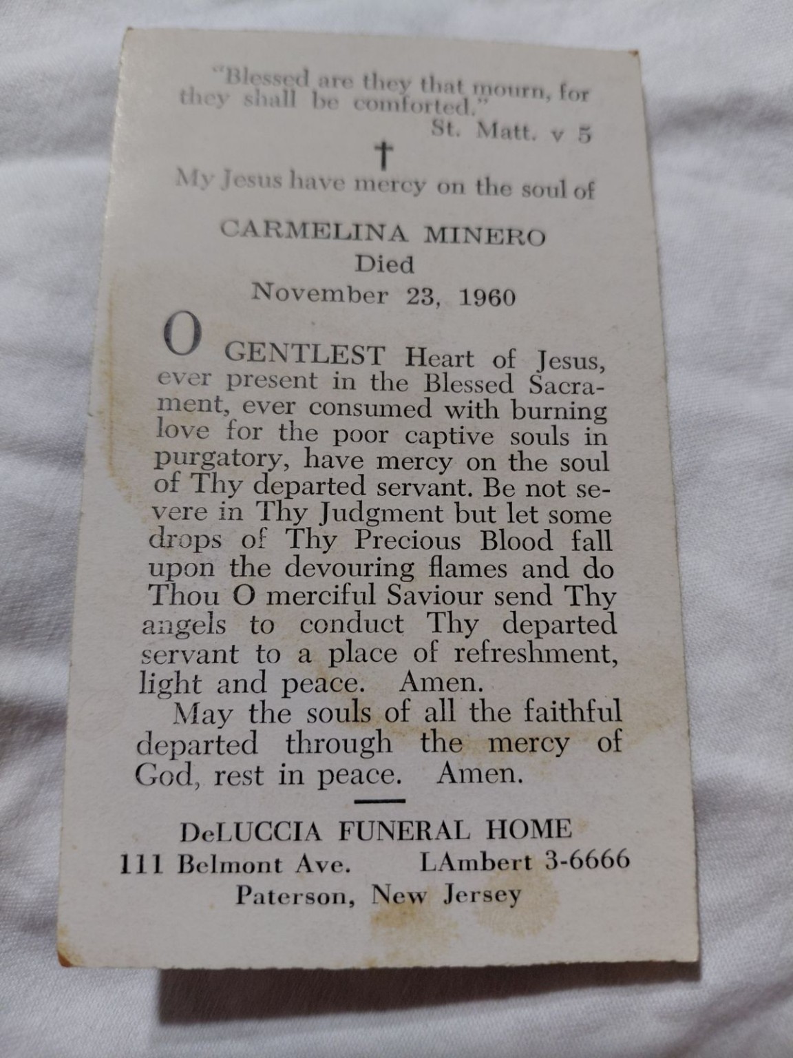 Original family photograph: Carmelina Minero’s memorial card. November 23, 1960.