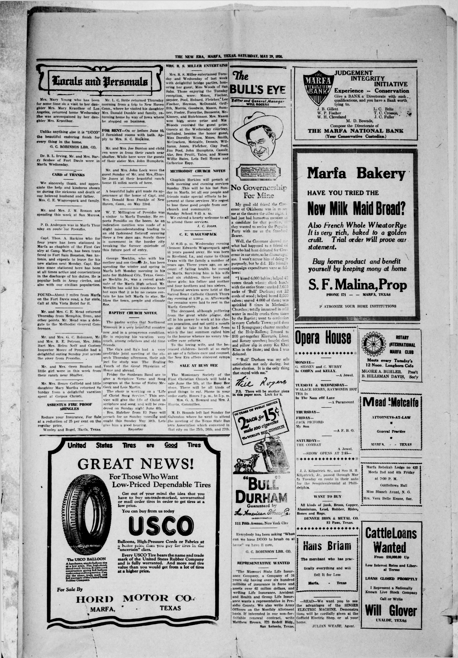 The New Era, Marfa, May 29, 1926, page 5. The contemporary obituary and widow’s card are on this full original-page rendering. The implied May 26 death date remains a newspaper inference.