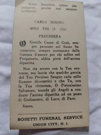 Carlo Minero — family-preserved memorial card