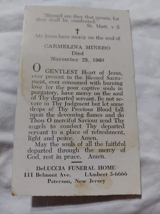 Carmelina Minero — family-preserved memorial card