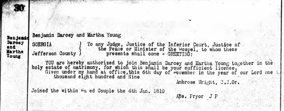 Benjamin Darcey / Martha Young: typed Jefferson County marriage-record transcript, page 30