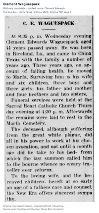 clement waguespack obituary 1926 05 29