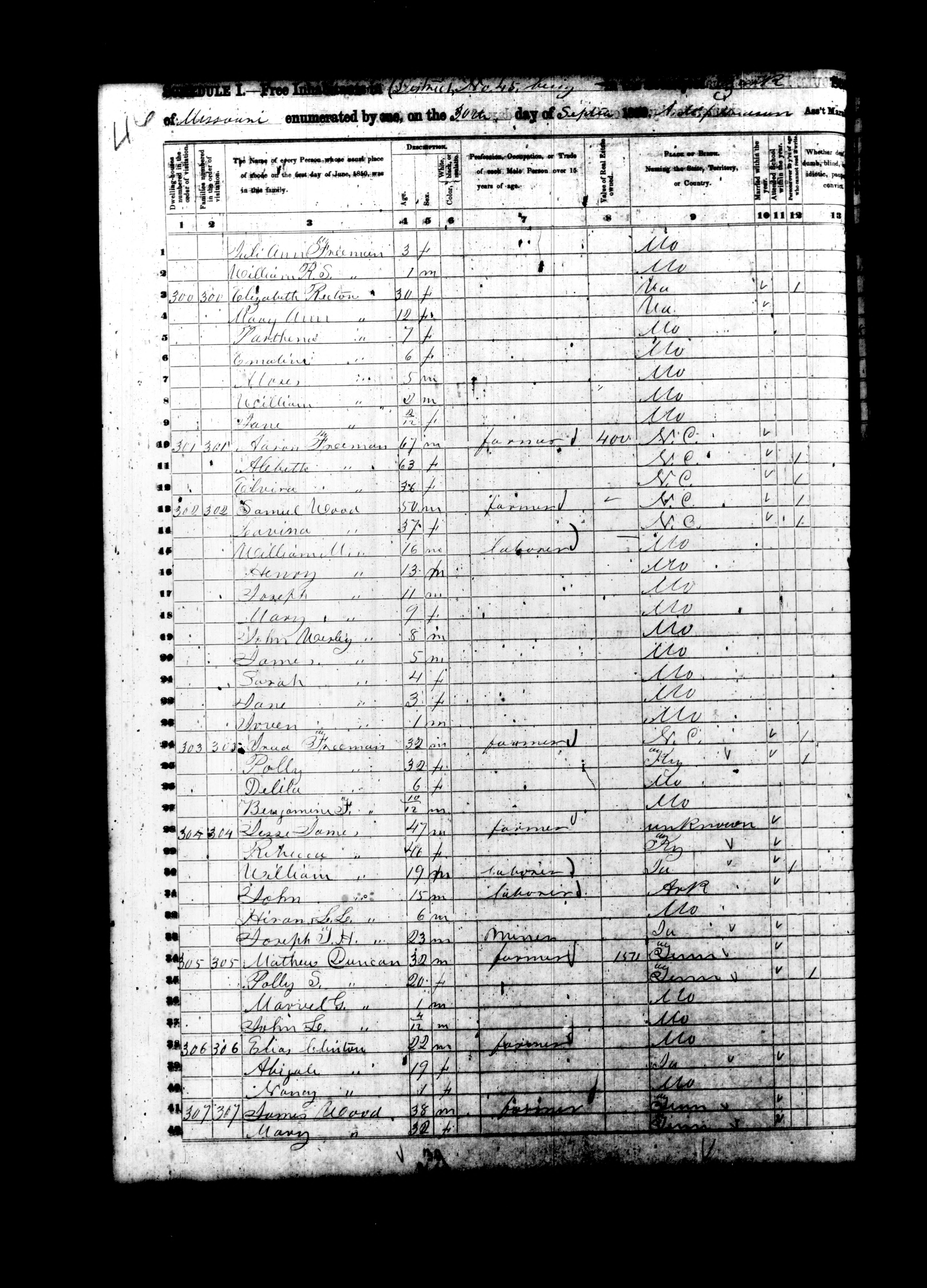 1850 Ozark County, manuscript page 46. Aaron Freeman and Alabeth are family 301; Samuel Wood and Lavina follow. Enumeration order does not prove kinship.