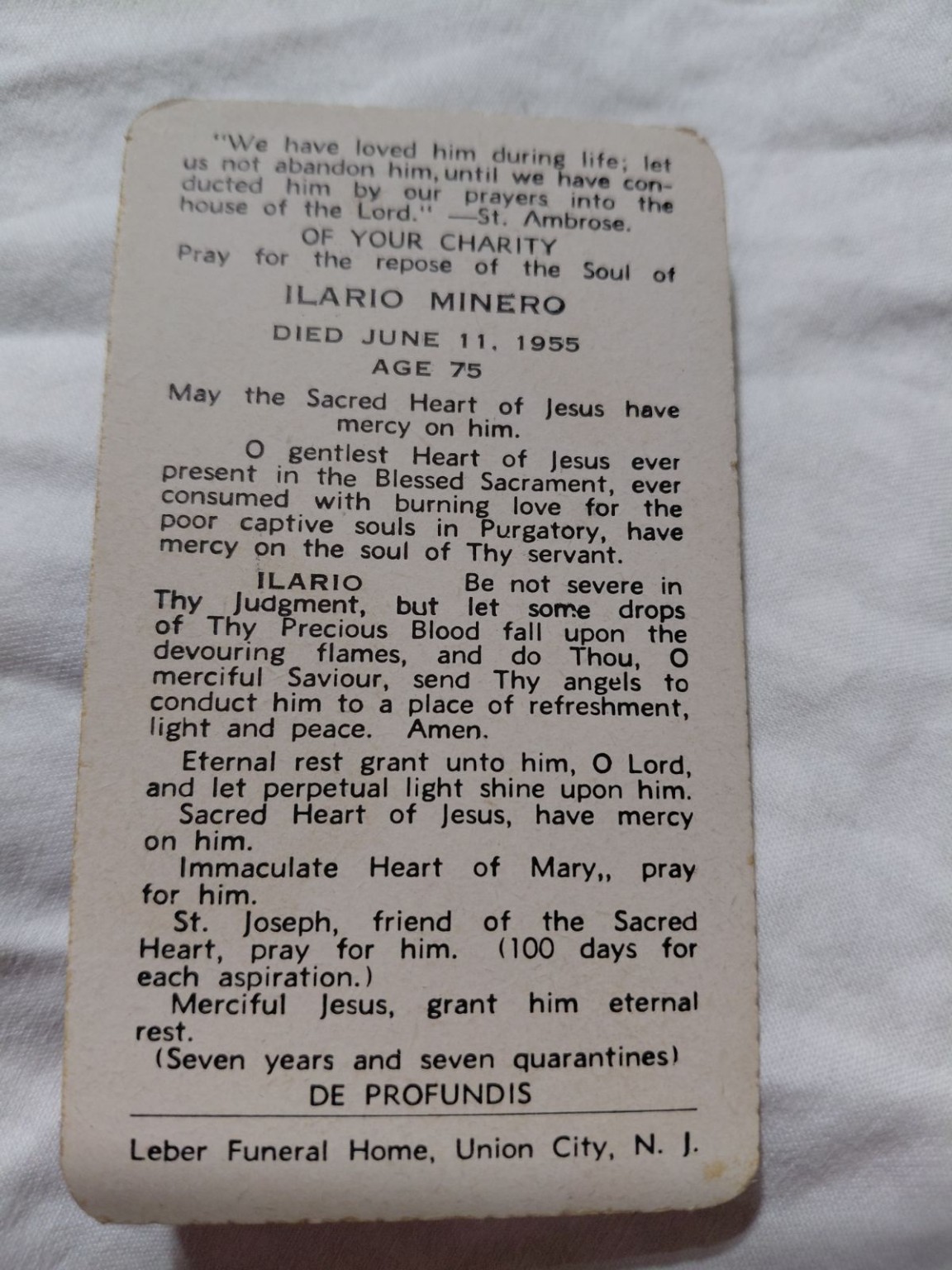 Original family photograph: Ilario Minero’s memorial card. June 11, 1955 · age 75.