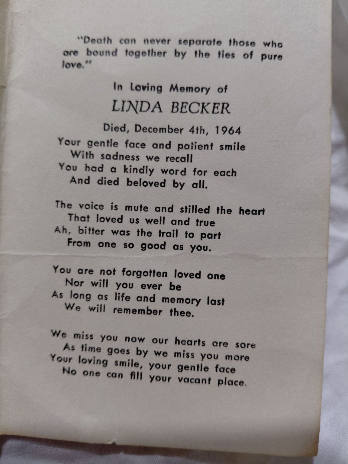 Original family photograph: Linda Becker’s memorial card. December 4, 1964.