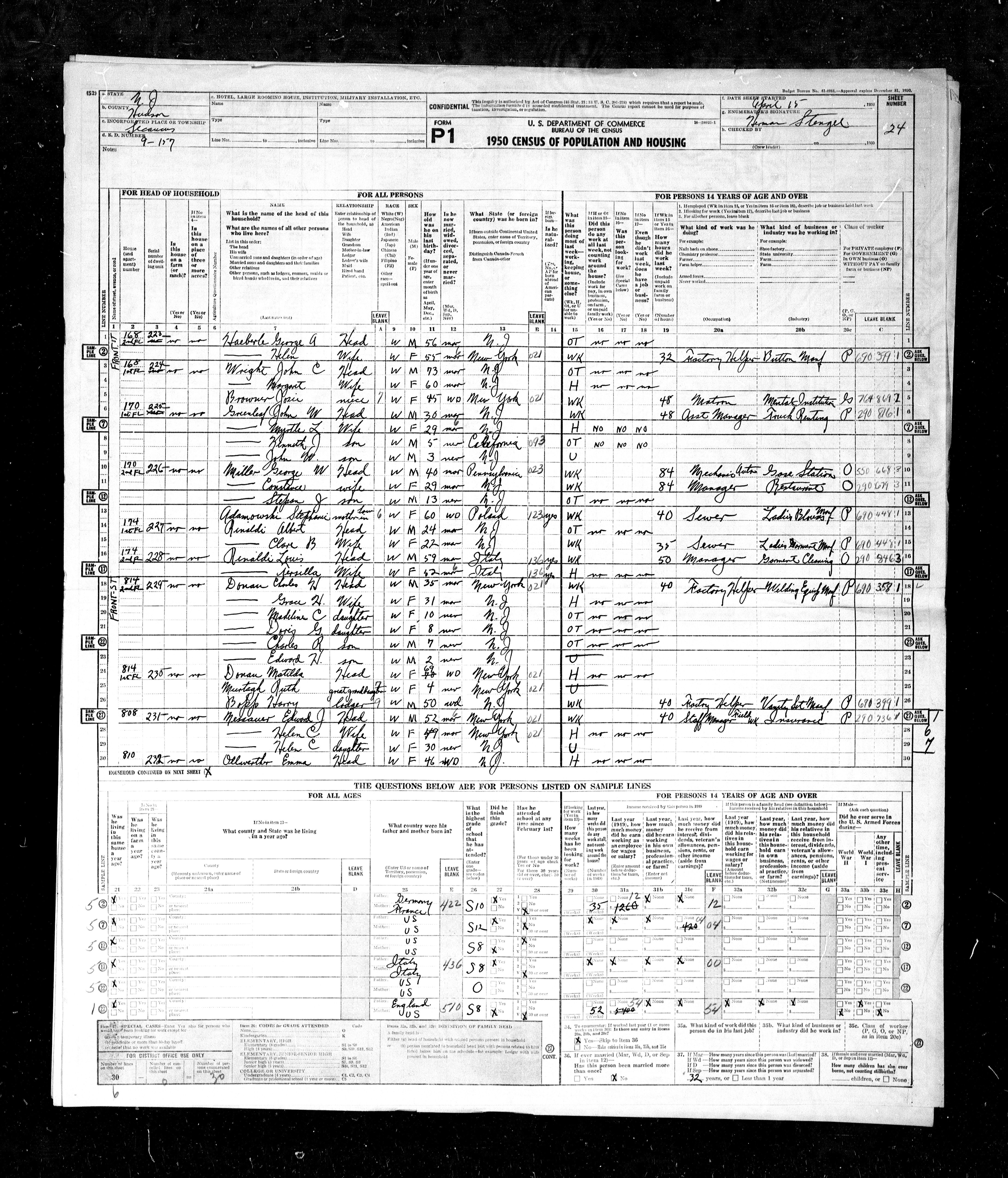 Original 1950 Secaucus census, ED 9-157, sheet 24, line 30: Emma, 46. Her surname reading is qualified; household 232 continues on sheet 25.