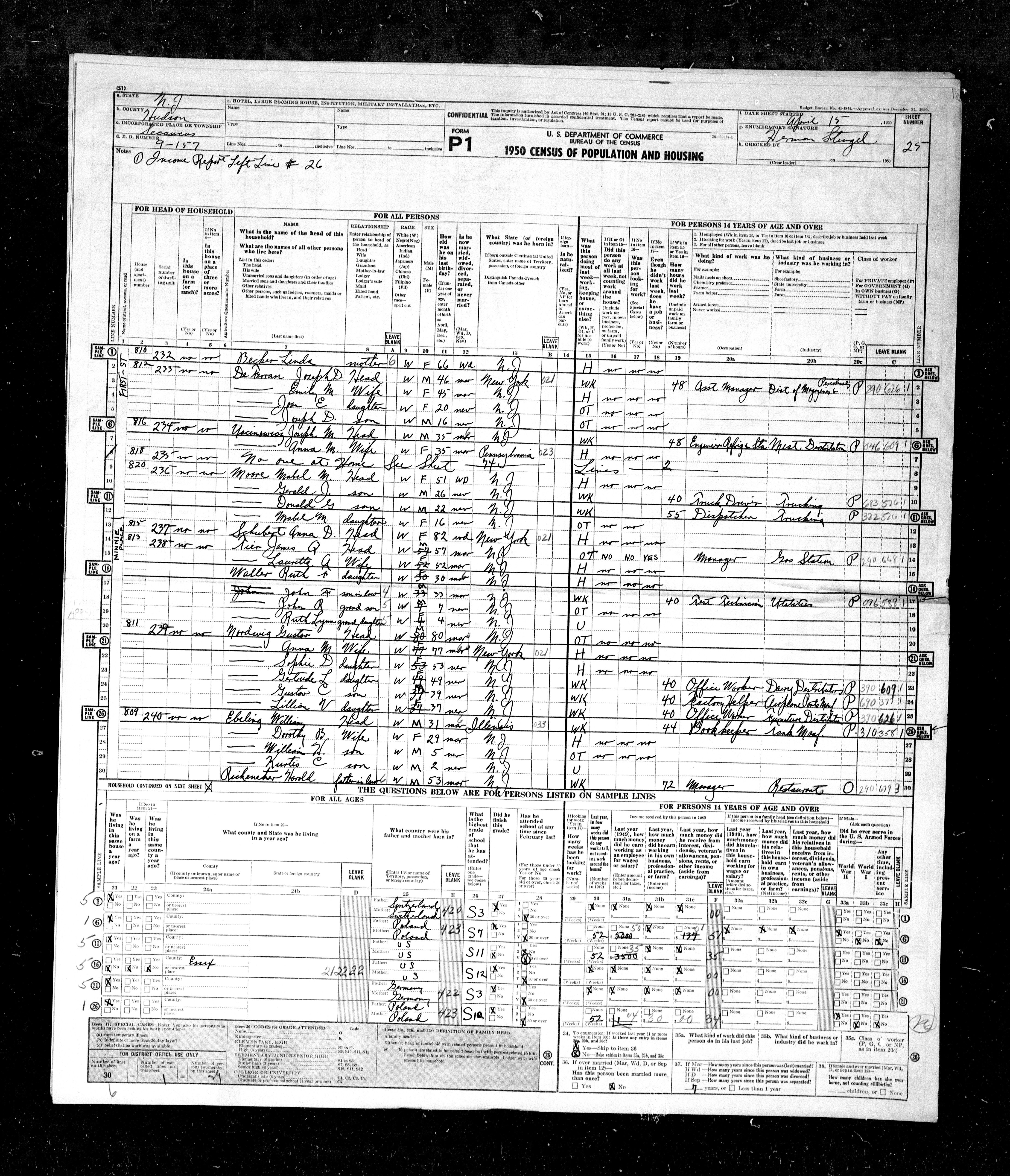 Original 1950 Secaucus census, sheet 25, line 1: Linda Becker, 66, mother. Identity with the 1964 card and Melinda Demedici remains unproved.