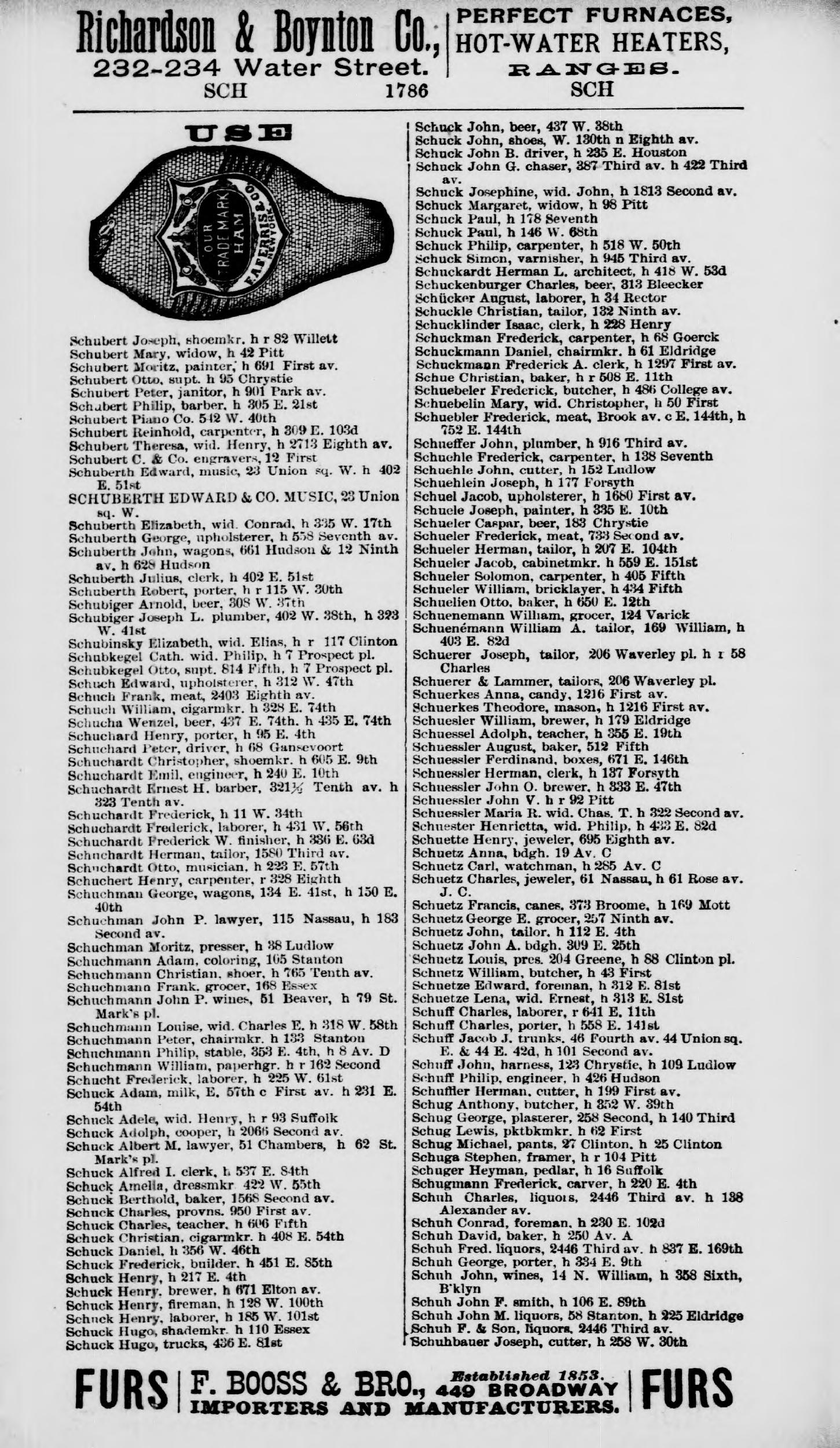 Trow edition ending May 1, 1889, copyright 1888, printed page 1786 / PDF 1807. Arnold’s beer listing is in the left column. His family relationship remains unproved.